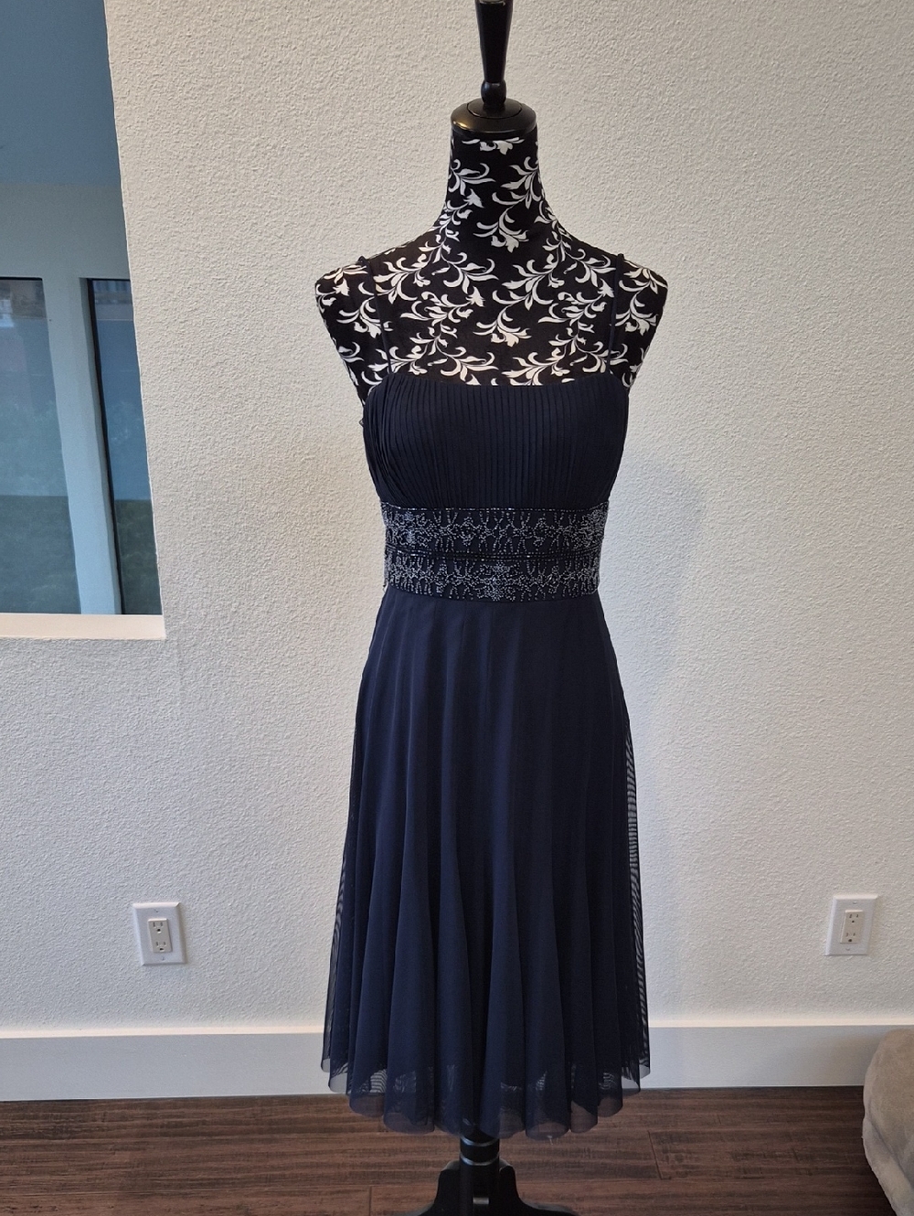 Xscape Navy Strapless Pleated Bodice Cocktail Dress with Beaded Waist